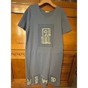 Lagenlook Blue Cat Art Midi T-Shirt Dress Short Sleeve Whimsical Patchwork